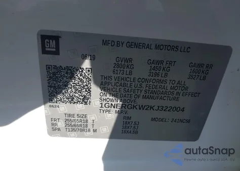 2019 Chevrolet Traverse 1Lt from USA, damaged, VIN 1GNERGKW2KJ322004